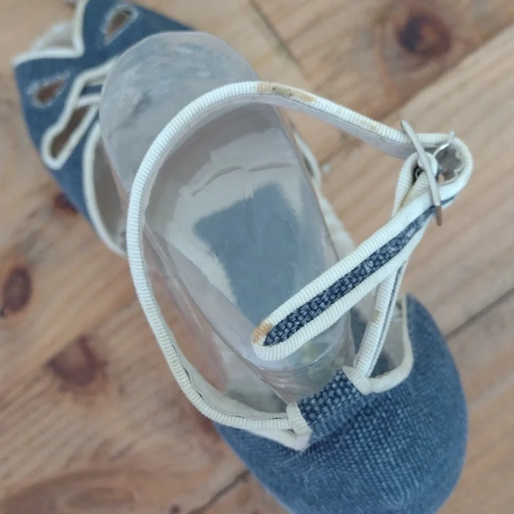 Chambray Ankle Wrap Open Toe Espadrille Platform Wedges Size 10
